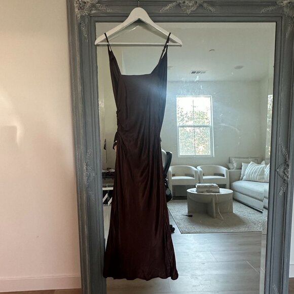 Zara Brown Surplice V-neck Satin Slip Midi Dress Side Slit Size Small - Picture 8 of 12